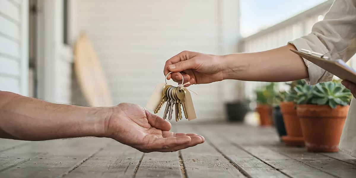 Hands giving a set of tagged keys to a property manager on a Leucadia porch.
